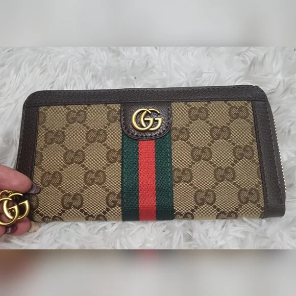 Beige and Brown zip Wallet with Red and Green Stripe - Picture 1 of 8